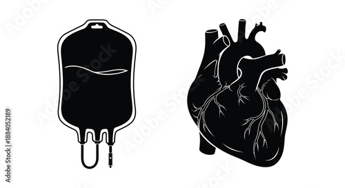 Medical imagery depicting a blood bag and a human heart in black silhouette