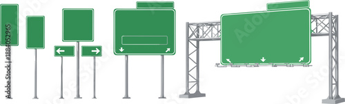 Green highway road sign set with direction arrows and blank signage boards, transportation and navigation concept, roadside information signs, isolated vector illustration