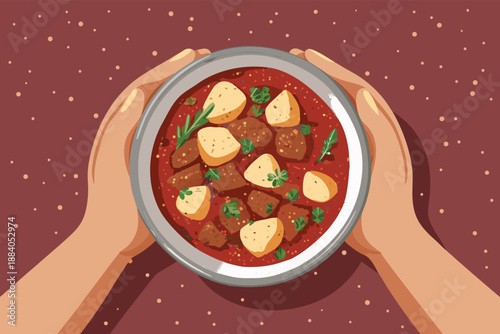 Top Down Hands Holding Goulash Bowl Illust