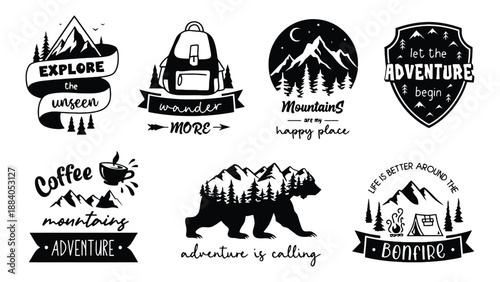 A collection of black and white adventure themed stickers and logos