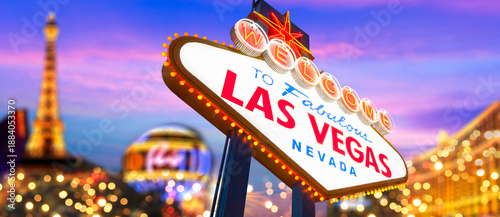 Las Vegas, Nevada, United States of America. 01-15-2026 Welcome to Fabulous Las Vegas Neon Sign With Sunset Beautiful Cloudy Sky