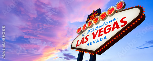 Las Vegas, Nevada, United States of America. 01-15-2026 Welcome to Fabulous Las Vegas Neon Sign With Sunset Beautiful Cloudy Sky