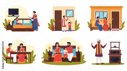 Illustrations of People in Various Home Scenes.