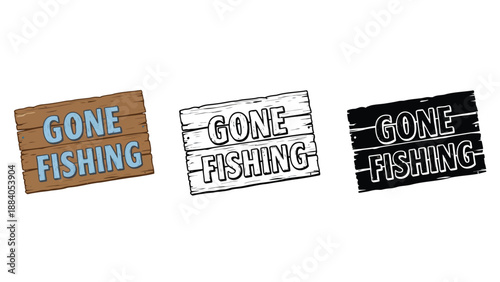 Three wooden signs with the phrase Gone Fishing in different colors
