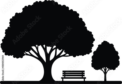 Park bench under trees silhouette Vector