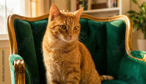 A cat is sitting on a green chair.
