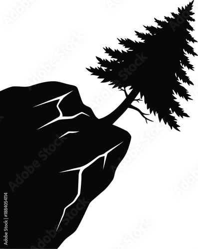 Resilient pine tree on rocky cliff silhouette Vector