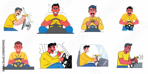 Collection of angry drivers illustrating road rage, yelling, and aggressively honking car horns, representing traffic frustration and stress.