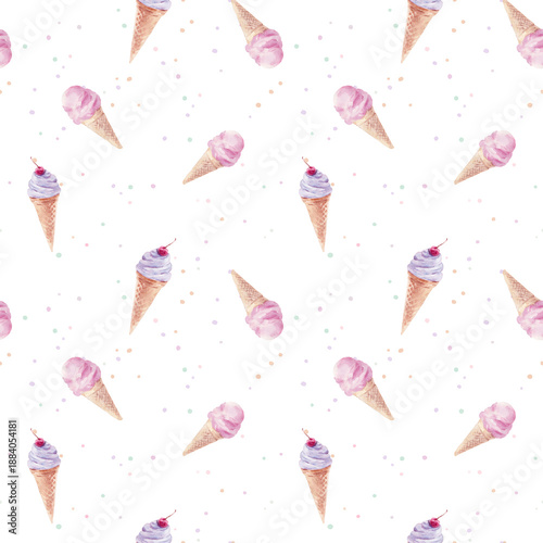 Summer seamless watercolor pattern with hand drawn ice cream cones. Sweet pastel texture with light polka dots in a modern playful style, perfect for fabric, textile prints, wallpaper, wrapping paper