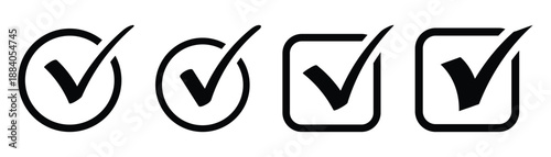 Minimalist black checkmark inside circle thin outline logo design. Сheck mark vector icons set. Simple tick and approved sign collection. Minimal black checkmark glyph symbols