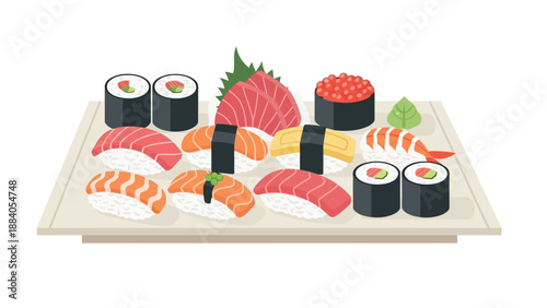 Assorted Sushi Rolls and Sashimi on Plate.