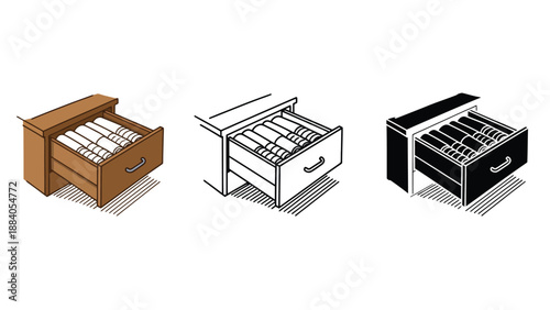 Three different colored file cabinets with open drawers on a white background