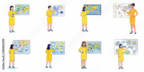 A collection of illustrations showing a female meteorologist presenting global weather forecasts and climate information on a screen.