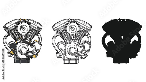 A detailed illustration of motorcycle engines in various design stages