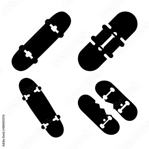 Collection of skateboard icons including complete and broken boards, symbolizing urban sports and active lifestyle
