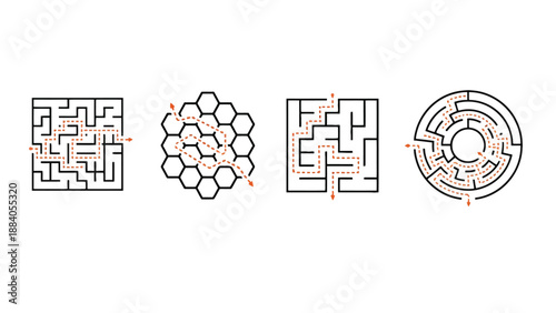 A collection of various maze designs on a white background