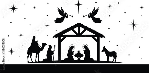 Christmas nativity scene silhouette with holy family angels shepherd wise men and starry night isolated on white background vector
