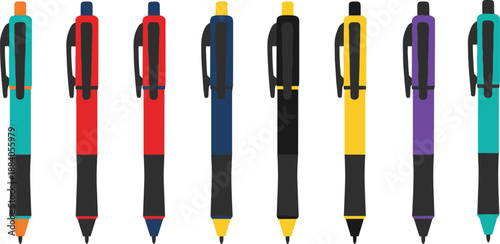 Colorful ballpoint pen collection with modern office stationery design showing multiple writing pens isolated on white background flat vector illustration