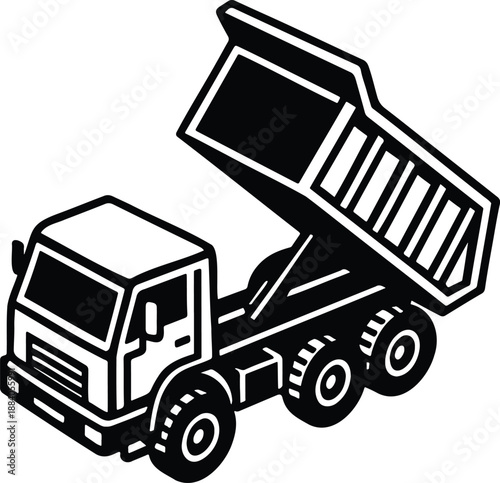 Isometric dump truck unloading material in graphic style
