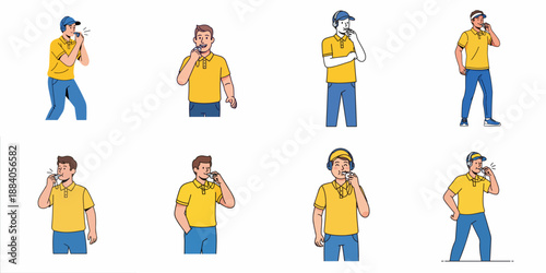 Diverse flat vector collection of male referees and coaches wearing yellow shirts and blowing a whistle to signal a game stop or start.