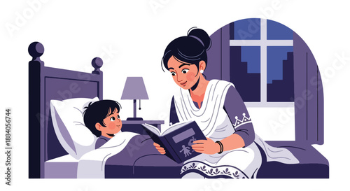 Vector illustration of an Indian mother reading a bedtime story to her child, expressing care, imagination, and peaceful family time in a cozy flat vector home setting