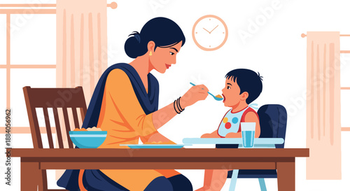 Vector illustration of an Indian mother feeding her toddler at home, symbolizing daily care, nutrition, and loving family routine in a flat, clean, modern style