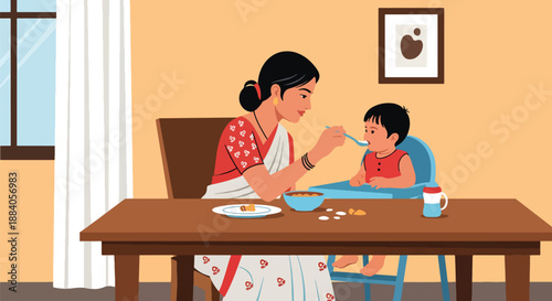 Vector illustration of an Indian mother feeding her toddler at home, symbolizing daily care, nutrition, and loving family routine in a flat, clean, modern style