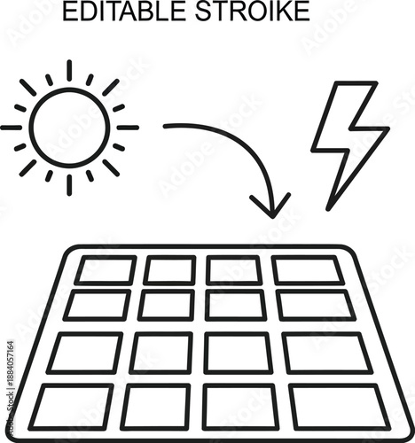 Solar panel graphic illustration with editable stroke converting sunlight into electricity represented by sun and lightning bolt symbols above a grid of rectangles
