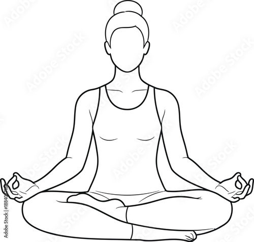 Woman meditating peacefully in a serene lotus position with a calm expression and relaxed posture