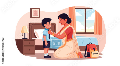 Vector illustration of an Indian mother helping her child get dressed for school, showing daily routine, care, and positive parenting in a flat modern family scene