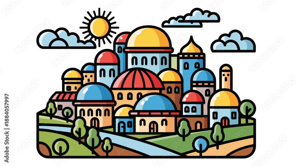 Naklejka premium Colorful Cartoon Cityscape with Domes and Sunlight