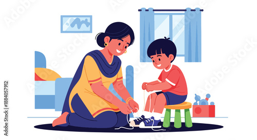 Vector illustration of an Indian mother teaching her child to tie shoelaces, highlighting life skills learning and supportive parenting in a clean flat vector scene