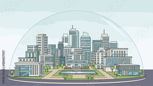 Cityscape Under Dome: Protection, Future, and Isolation Concept