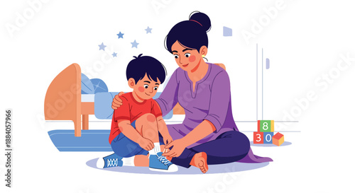 Vector illustration of an Indian mother teaching her child to tie shoelaces, highlighting life skills learning and supportive parenting in a clean flat vector scene