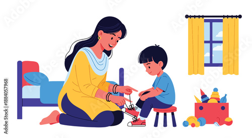Vector illustration of an Indian mother teaching her child to tie shoelaces, highlighting life skills learning and supportive parenting in a clean flat vector scene