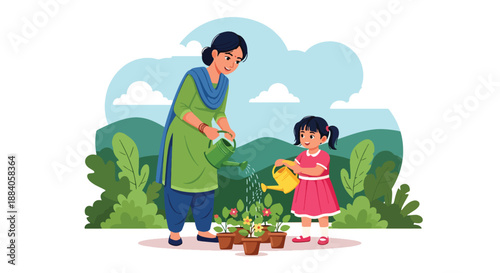 Vector illustration of an Indian mother and child watering plants together, promoting eco lifestyle, responsibility, and positive family bonding in flat vector style