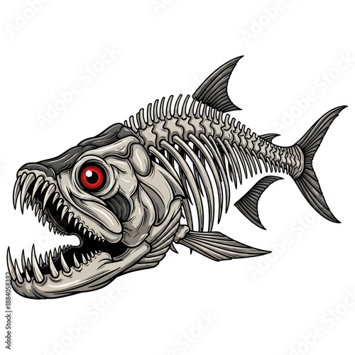Tarpon fish skeleton vector illustration with sharp teeth and red eye isolated on white background