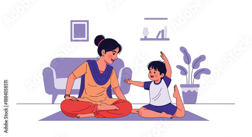 Vector illustration of an Indian mother teaching her child yoga poses at home, encouraging wellness, balance, and healthy family habits in a flat modern scene