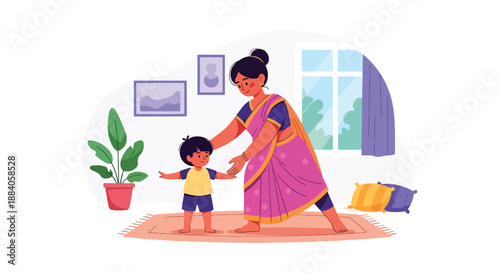 Vector illustration of an Indian mother teaching her child yoga poses at home, encouraging wellness, balance, and healthy family habits in a flat modern scene