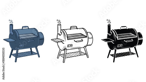 A set of three barbecue grills in different colors and designs