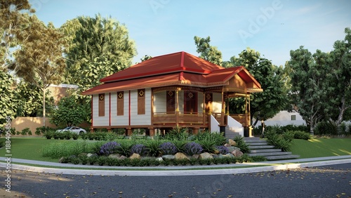 Tablou pe pânză Modern Indonesian Traditional Stilt House, elevated on sturdy wooden pillars to protect against flooding and improve air circulation