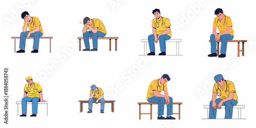 Tired Doctor or Nurse Practitioner Experiencing Professional Burnout and Stress. Set of illustrations showing exhausted medical worker sitting and feeling depressed after a long shift.