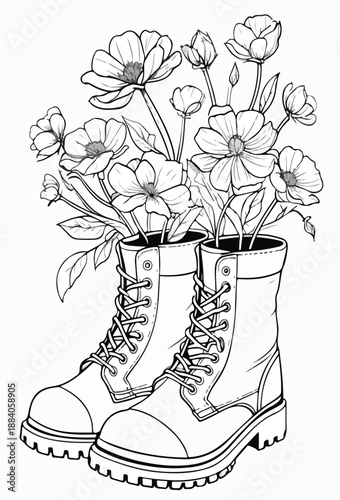 Combat Boots with Flowers Coloring Page – Bold Line Art of Rugged Footwear and Blooming Poppies