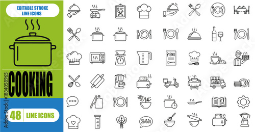 CLEAN AND MODERN SET OF COOKING ICONS IN MINIMALIST LINE STYLE WITH EDITABLE STROKES FOR FOOD APPS, RECIPE BLOGS, KITCHENWARE PACKAGING, AND CULINARY PROJECTS