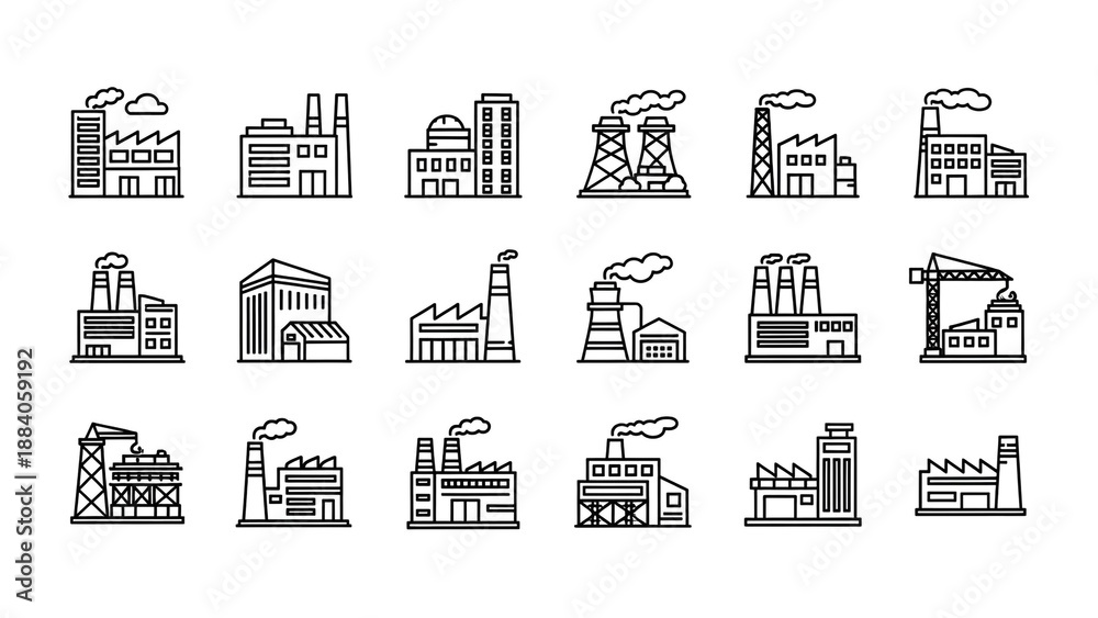 Obraz premium Collection of industrial factory buildings and manufacturing plants in line art style