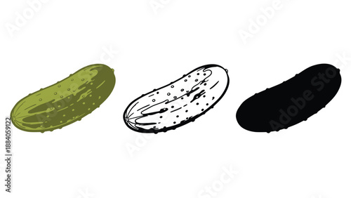 An illustration of three pickles in different stages of being colored