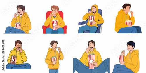Set of illustrations showing a casual young man in a yellow hoodie eating popcorn and watching a movie, depicted in various poses.