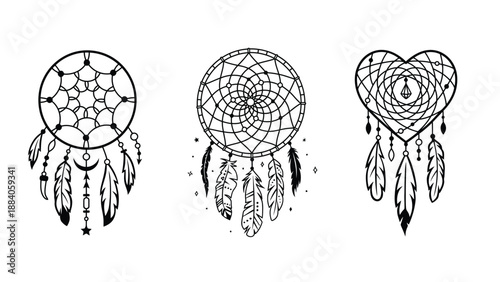 A set of dreamcatcher illustrations with feathers and beads on a white background