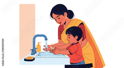 Vector illustration of an Indian mother helping her child wash hands, promoting hygiene awareness and healthy family habits in a clean flat vector style