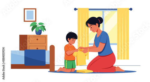 Vector illustration of an Indian mother teaching her child to fold clothes, encouraging responsibility and life skills through family interaction in flat vector style